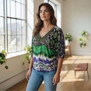 Anac Designed By Kimi Top Stretchy Mesh Lettuce Hem Size XL Mixed Print